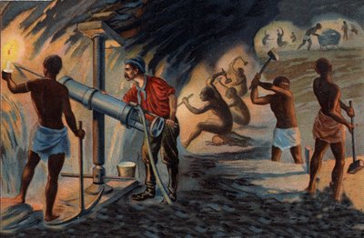 Gold Mining: Inside a Mine in Transvaal. Miner Using a Drill Bit Operating by Means of Compressed Air. Chromolithography of the Late 19th Century by Unknown artist