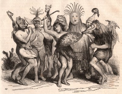 Group of Brazilian savages dancing with costumes, masks and traditional headdresses by Unknown