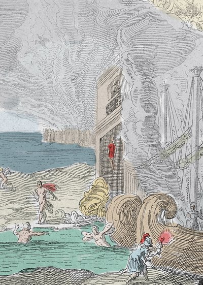 Hanged Iphis repulsed by Anaxarete. Detail of an illustration from 