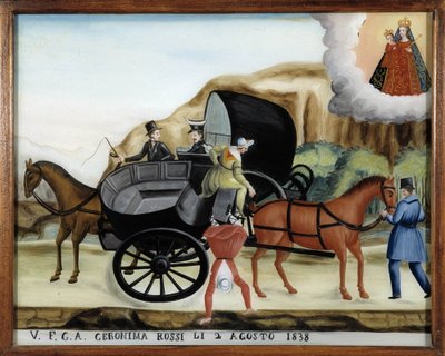 Hanging between two carrioles and the fall of a passenger - Painting on glass, ex-voto by Notre Dame de Laghet by Unknown artist