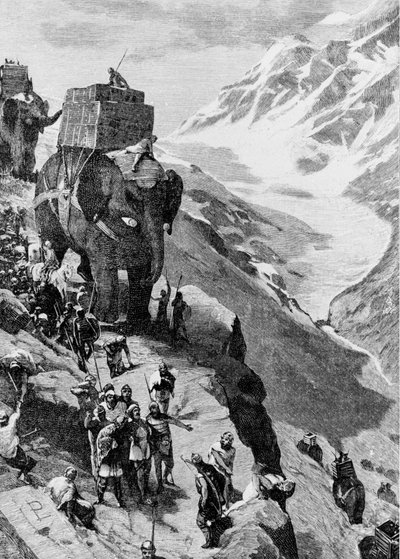 Hannibal Crosses the Alps with Elephants and Arrives in Italy in 218 BC. (Second Punic War). Engraving of the 19th Century by Unknown artist