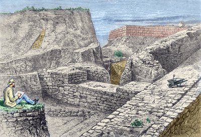 Heinrich Schliemann Taking Drawings of the Walls of Troy (Hissarlik) During Excavations by Unknown artist
