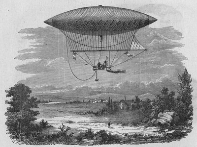 Henry Giffard testing a 44-metre long steam aerostat. In 