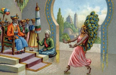 Hindu dancer adorned with peacock feathers: the inhabitants adorn themselves with peacock feathers or make fans. Chromolithography of the 19th century by Unknown artist