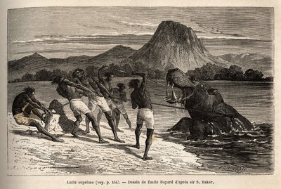 Hippo hunting with the Houarti tribe, engraving illustrating the exploration of the Abyssinian tributaries of the Nile by Sir Samuel W. Baker, published in 