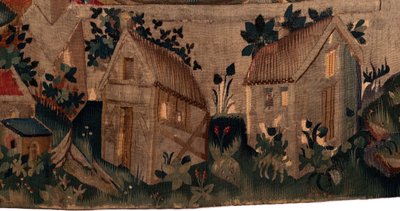 History of Saint Piat and Saint Eleuthère, Scene 7 baptism of the exiles Christians. (detail) bottom. Two houses. by Unknown artist