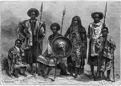 Human Zoo: group of Assabais, a tribe of Ethiopia, then Italian colony. Exhibited in Turin as part of the 1884 National Exhibition. Engraving in "Nature. Revue des sciences et de ses applications aux arts et à l