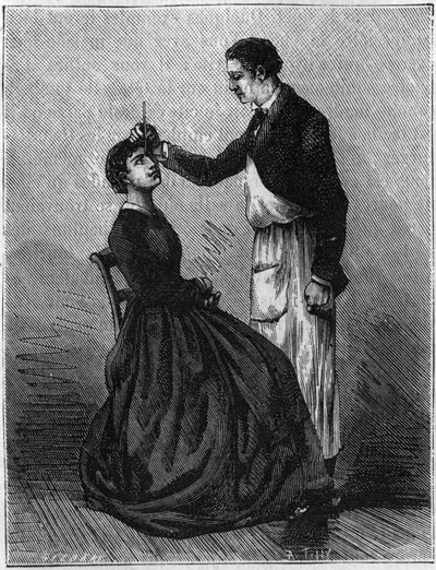 Hypnotism phenomena: Hypnotism produced by fixing a pencil holder placed between the eyes. Engraving from 1881 by Unknown artist