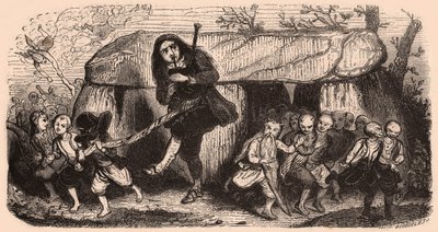 Illustration of a legend after Breton traditions: the Lao bagpipe player and goblins dancing in front of a dolmen by Unknown