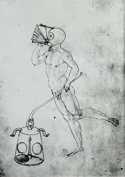 Drawing depicting a bellows for breathing underwater in a volume by Francesco di Giorgio by Unknown artist