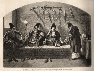 Inside a Tatar Cafe in Schoucha (Transcaucasia, Russia), Where Men Meet to Drink Tea and Smoke Shisha. Engraving to Illustrate the Voyage in the Provinces of the Caucasus, by Basile Vereschaguine, 1864-1865, Published in 
