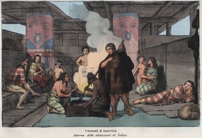 Interior of a large communal house in Nootka Sound, with villagers smoking and drying fish, sleeping and caring for children - engraving from 