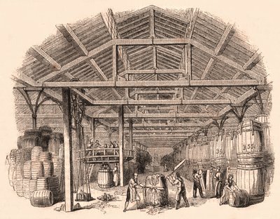 Interior of a tobacco factory: workers chopping a ball of tobacco and others involved in the manufacture and handling of barrels by Unknown
