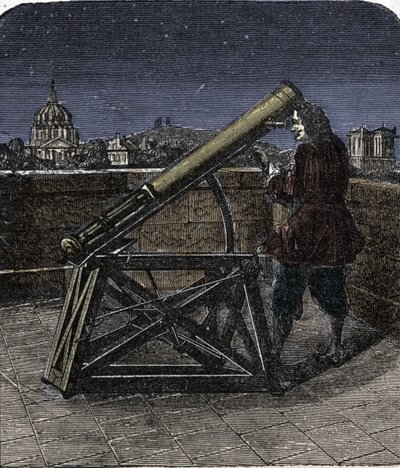 Isaac Newton using his telescope (1642-1727) by Unknown artist