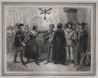 Joan of Arc, arrived at Chinon (1429) recognized in Charles VII, who was in the crowd of courtiers (engraving in 