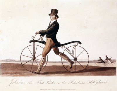 Johnson on a bicycle. This is the model invented by Baron von Drais: the Draisienne. It was made of wood and there were no pedals yet. Color lithography of 1819 by Unknown artist