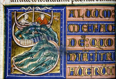 Jonah is thrown into the sea and devoured by a huge fish. 14th century manuscript. Municipal Library of Vercelli. by Unknown artist