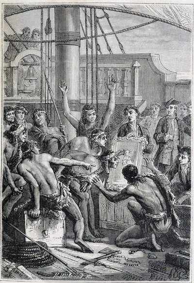 Journey of Samuel Wallis to Polynesia: indigenous astonished by a mirror - illustration taken from “The Great Mariners of the 18th century” by Unknown artist