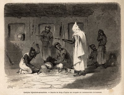 Kabyl artisans reputed for their skill in making jewelry and weapons (and formerly in counterfeit currency) in the Djura region (Algeria). Engraving to illustrate the excursion to the great Kabilie, between the Mediterranee and the Djurjura, in 1864, by th by Unknown artist