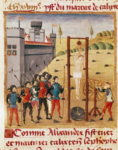 King Alexander the Great attends the execution of the noble Calixten Cephobe by hanging. Miniature from 
