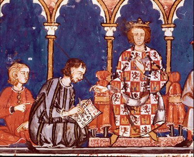 King Alfonso X the Wise assists a scribe. (detail) of a miniature from the Book of Games by Alfonso X the Wise (1221-1284) 