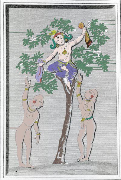 Krishnah stealing the dresses of two gopi. L. M. Langlès: 