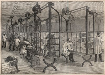 The postal service: sorting letters at the Hotel des Posts de Paris - Engraving In La Science francaise by Unknown artist