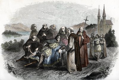 Legende des enerves de Jumieges: the two sons of Merovingian king Clovis II, punished for revolting against their father, are collected by the monks of the Abbey of Jumieges, near Rouen, 660 approximately by Unknown artist