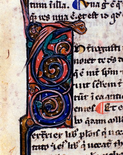 Lettrine decorated with a Gothic monster reminding the gargoyles. Detail of 14th century manuscript by Unknown artist