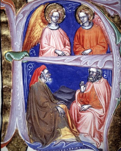 Lettrine Representing Angels and Philosophers Who Discuss - in 