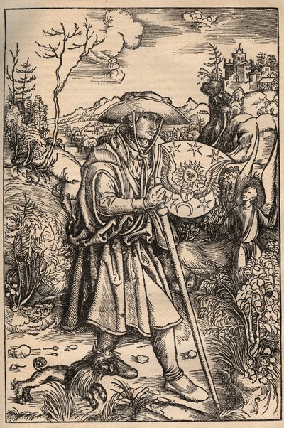 The pilgrim with his dog in front of a castle, illustration from an edition of the Opera of Johannes Gerson published 1514 by Unknown artist