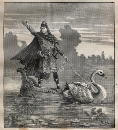 Lohengrin in a nacelle drawn by a swan, scene of the opera 
