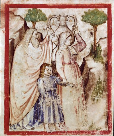 Loth goes to the mountain with his daughters to escape the destruction of Sodom. The daughters will intoxicate their father Miniature from codex 212 (or padovano codice or Bible of Padua) by Unknown artist