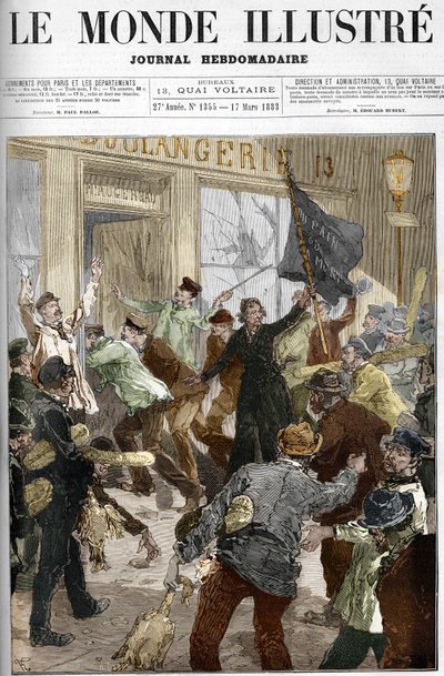 Louise Michel (1833-1905), French revolutionary, waving a black flag inscribed 