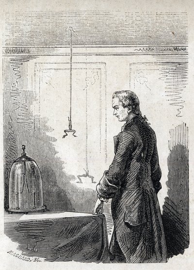 Luigi Galvani causes frog contractions by lightning rod electricity - LUIGI GALVANI (1737-1798) Italian physician and physicist. Causes contractions in a frog with electricity from a thundercloud by Unknown artist