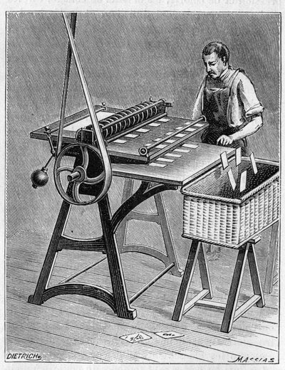 Making cards to play by old methods. Decoupage of playing cards. Engraving from 1893 by Unknown artist