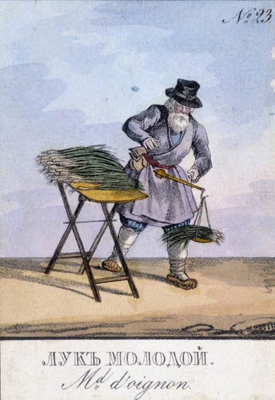 Man Weighing Onions in a Scale Hanging on His Belt (Illustration of the 19th Century) (Engraving of the 19th Century) by Unknown artist