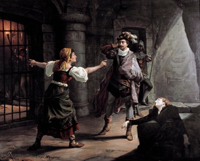 Manrico and Azucena are Imprisoned in the Keep of Aliaferia Palace, Leonora Tries to Save Them. Illustration for 