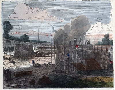 Manufacture of a brick in the 19th century: cooking. The bricks are laid in layers and then covered with earth before setting fire. Engraving late 19th century. by Unknown artist