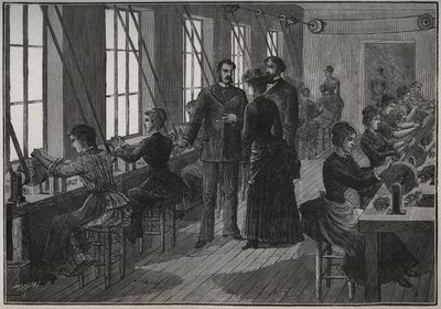 Manufacture of metal feathers: sharpening workshop in France in the 19th century. Engraving from 1885 in 