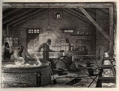 Manufacture of soap - Manufacture of tallow soap in a factory near Paris, Operations of soap cooking and casting into molds. engraving in 
