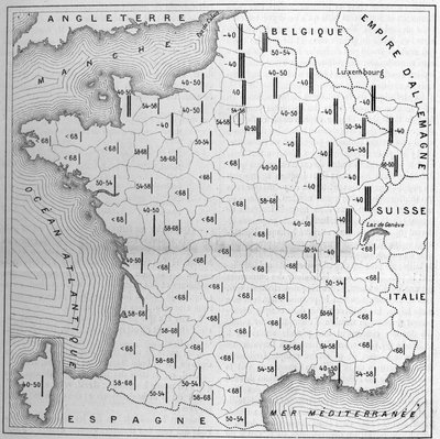 Map of the distribution of stature in France: the height of the bars is inversely proportional for each department to the number of conscripts exempt for size defects, over 1000 examined. Figures give that number per 100. The twenty departments, providing  by Unknown artist