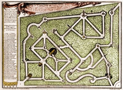 Map of the maze in the park of the castle of Versailles, created by Andre Le Notre (1613-1700). Engraving in La Nature. Revue des sciences et de ses applications aux arts et a l