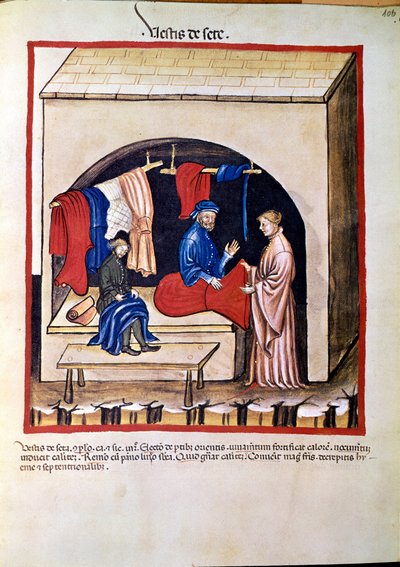Medicine trade: silk clothing trader. Page taken from Tacuinum sanitatis (Cod. ser. nov. 2644) Around 1400 by Unknown artist