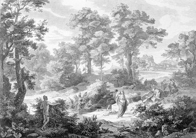 Meeting between Ulysses who was lying near a river and Nausicaa. Engraving from the end of the 19th century. by Unknown artist
