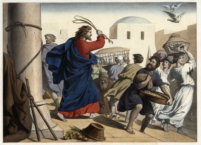 Merchants chased out of the temple. Anonymous engraving from the middle of the 19th century by Unknown artist