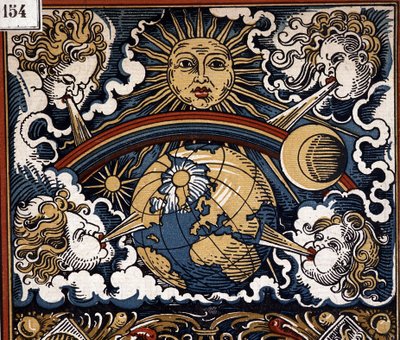 Meteorological allegory (sun with earth, winds, rainbow) - calendar illustration by Unknown artist