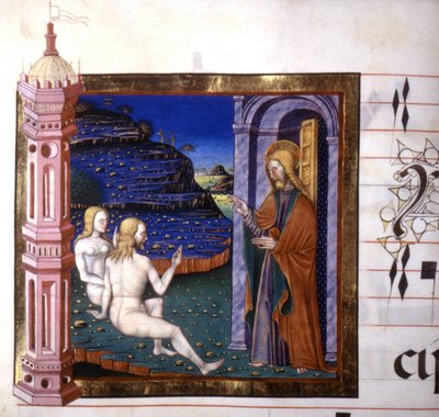 Miniature depicting the creation of Adam and Eve by God. Antiphonary. 15th century. Biblioteca by Lodi by Unknown artist
