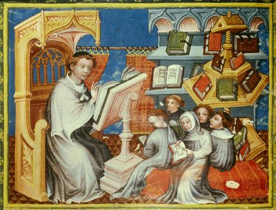 Monastic school of the convent of the hermits of Saint Augustine in Paris: a monk on a pulpit reads a lesson with teenagers with tonsures but also with laypeople. On the right, a pound wheel. Miniature in 