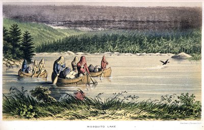Mosquito Lake in Canada: Indians Canoe Across the Lake with Mosquito Nets on Their Heads - in Exploration of the Labrador Peninsula by Hind, London by Unknown artist